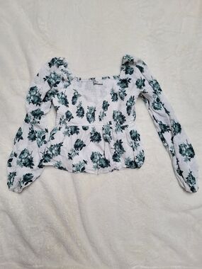 Smocked Square-Neck Floral Peplum Top - White with Green Floral